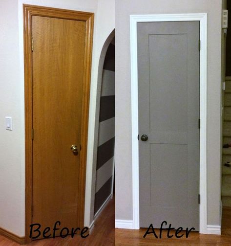 Anyone lucky enough to have these old, probably cheap, builder-grade, flat-panel doors from the 80's and 90's?? Yep, I said lucky. You'... House Schemes, Panel Door Makeover, Flat Panel Door Makeover, Trailer Updates, Interior Door Makeover, Door Update, Office Redo, Flat Panel Doors, Door Makeover Diy