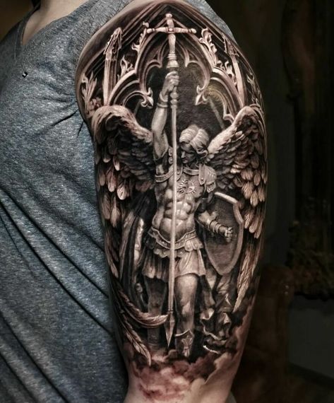 Crazy Realistic Statue Piece Religous Tattoo, Religious Tattoo Sleeves, Christus Tattoo, Archangel Michael Tattoo, St Michael Tattoo, Michael Tattoo, Roman Tattoo, Archangel Tattoo, Heaven Tattoos