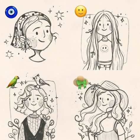 Which one should I finish first? 😁🧿🦜👒🙂✨ I forced myself to sit down for a sketching session today so I can try to get out of my art block! I haven’t drawn in a few days and I think taking a break helped a little bit 😅 #digitalsketching #digitalsketch #digitalsketchbook Graphic Novel Art Sketches, Christmas Drawing People, Sketch Style Art, How To Draw Cute Face, Minimalist Art Style, Doodle Art Characters, Easy Character Drawings, Illustrated Faces, Watercolor Art Diy