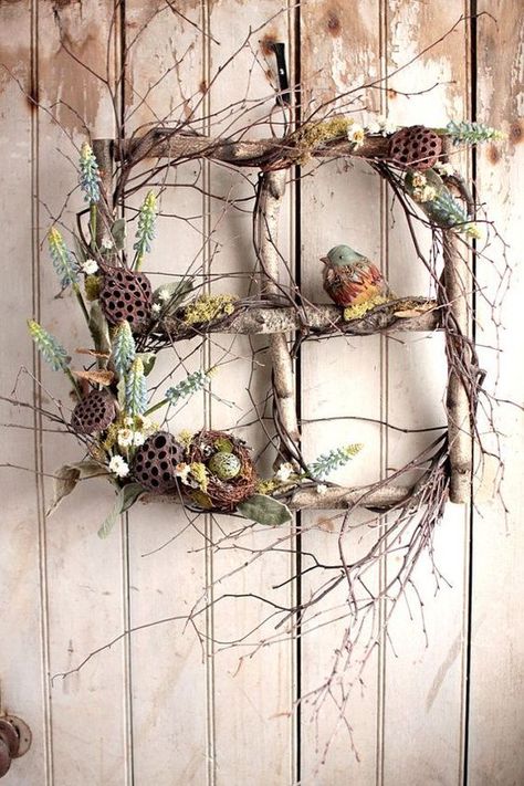 Easter Front Porch Decorations, Easter Front Porch, Twig Crafts, Easter Outdoor, Twig Art, Rustic Window, Spring Window, Deco Nature, Easter Decorations Outdoor