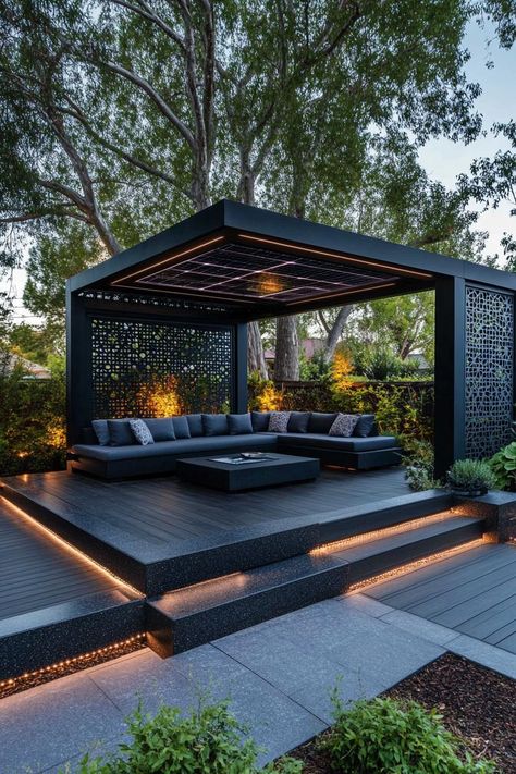 Modern gazebo made of black granite in clean modern lines the deck is elevated with LED lit steps theres a modern u shaped sectional sofa with. Check out all of these fresh and unique gazebo ideas and designs to transform your backyard into a stylish oasis. Backyard Renovation, Modern Gazebo, Rooftop Terrace Design, Backyard Remodel, Vertical Gardens, Architecture Model House, Terrace Design, Backyard Patio Designs, Functional Furniture