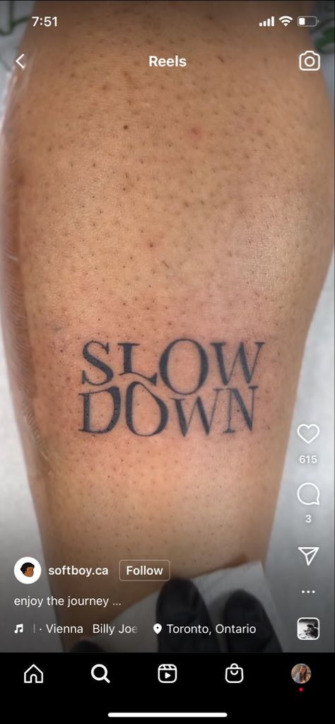 Tattoos About Slowing Down, Slow Down Tattoo Ideas, Slow Burn Tattoo, Slow Down Your Doing Fine Tattoo Vienna, Slow Down You’re Doing Fine Tattoo, Slow Down You're Doing Fine Tattoo, Slow Down You Crazy Child Tattoo, Slow Tattoo, Slow Down Your Doing Fine Tattoo