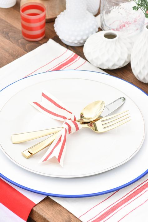 Kara's Party Ideas Backyard 4th of July Party with Gladiator | Kara's Party Ideas Wrapped Silverware, Backyard Barbeque, Upright Freezer, Ideas Backyard, Let Freedom Ring, Striped Ribbon, Summer Entertaining, Blue Party, Tea Dyeing