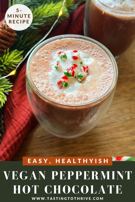 This easy Vegan Peppermint Hot Chocolate uses just 5 ingredients and takes 5-minutes to make! It's the perfect vegan holiday drink that's healthy, and makes a delicious vegan dessert, too! You can even make it a peppermint mocha with strong coffee or a shot of espresso. #peppermintmocha #healthyholidaydrink #veganholidaydrink #healthydrink #easydrinkrecipe #healthydrinkrecipe #healthyvegandrink #veganpepperminthotchocolate #pepperminthotchocolate #veganhotchocolate #healthyhotchocolate #vegan Chocolate Dates Recipe, Peppermint Creamer, Vegan Holiday Drinks, Peppermint Hot Chocolate Mix, Vegan Drinks Healthy, Vegan Pumpkin Spice Latte, Vegan Christmas Desserts, Gluten Free Vegan Recipes Desserts, Peppermint Schnapps