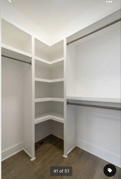 Small Long Walk In Closet, Closet Room Built Ins, Corner Master Closet, Small Closet Layout Walk In, Walk In Closet Corners, Small L Shaped Walk In Closet Ideas, 9 Ft Closet Ideas, Built In Closet Small Space, Corner Closet Shelving Ideas