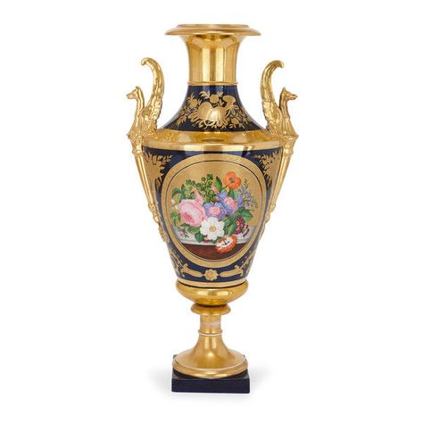 Empire period Paris porcelain antique painted vase at Mayfair Gallery Ltd., in London, . Figurine Display, Short Vase, Paris Porcelain, Yellow Vase, Painted Vase, Urn Vase, Vases For Sale, Cylinder Vase, Vintage Bottles