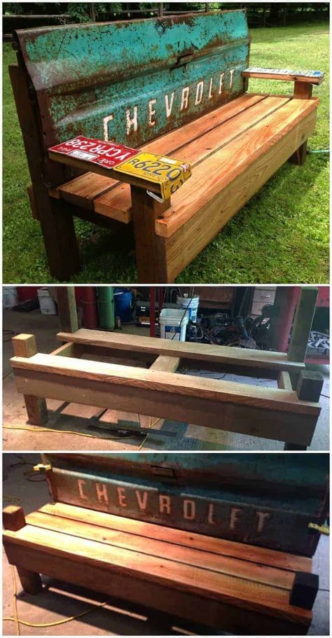 Diy Patio Bench With An Old Car Tailgate - Patio & Outdoor Furniture - Amazing  DIY project for car lovers. This bench is made from reclaimed car materials and wood parts, could be pallets… The … Read More » #Bench #Diygardenideas #Gardendesign #Gardenideas #Gardeningtips #Gardens #Outdoorfurniture #Pallets #Patio #Recycle #Tutorial #Woodworking Old Tailgate Bench, Tailgate Bench Diy Plans, Old Tailgate Ideas, Tailgate Bench Plans, Ag Mech Projects Wood, Tailgate Bench Diy, Bbq Garage, Ag Mechanics Projects Ideas, Ford Bench