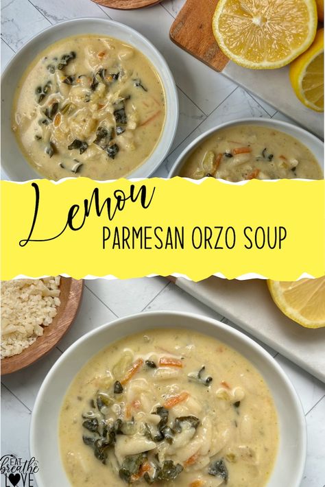 This lemon parmesan orzo soup is easy to make with some help from every day kitchen gadgets to help save time in the kitchen.  Plus tips and tricks to get the ultimate creaminess #souprecipe #soup #orzo #lemon #creamysoup #easyrecipe Lemon Spinach Orzo Soup, Orzo Crockpot Soup, Vegetarian Lemon Orzo Soup, Italian Rice Soup, Creamy Lemon Orzo Soup, Lemon Parmesan Orzo, Soup Orzo, Orzo Lemon, Lemon Orzo Soup