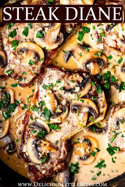 Steak Diane is a classic recipe made with tender sautéed beef and a creamy mushroom sauce. While this dish has a reputation of being more fancy, it's easy enough to make even on busy weeknights. This recipe is naturally gluten free and very low in carbohydrates making it easily adaptable to suit many different diets. | #steakdiane #steak #beef #steakdinner #onepanmeal Stake Diane Recipe, Prime Sirloin Steak Recipes, Mushroom And Steak Recipes, Boneless Top Sirloin Steak Recipes, Sliced Steak Recipes Dinners, Fillet Steak Dinner Ideas, Sliced Ribeye Steak Recipes, Beef Loin Top Sirloin Steak Recipes, Beef Ribeye Steak Recipe