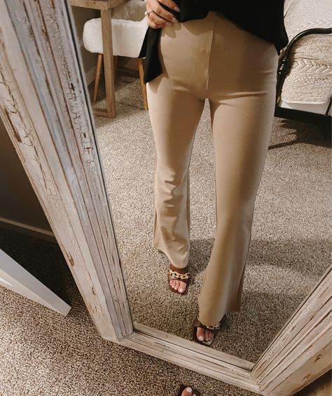 Flared Leggings curated on LTK Tan Flare Leggings Outfit, Tan Flare Pants Outfit, Cream Cardigan Outfit, Flare Leggings Outfit, Neutral Pants, Black Flared Leggings, Beige Leggings, Flared Leggings, Leggings Outfit