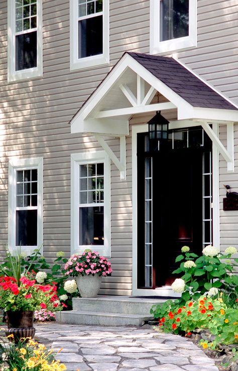 Small Awning Over Front Door, Dormer Over Front Door, Front Entry Portico, Front Door Porticos, Portico Front Door, Gable Awning Over Door, Gable Over Front Door, Back Of Shed Ideas, Awning For Front Door