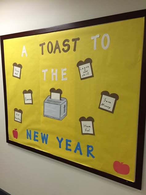 Toast to the New Year Bulletin Board- Prince Frederick 2023 Bulletin Boards, Hygge Bulletin Board, Meet The Staff Bulletin Board Ideas Office, January Board Ideas, New Years Board Ideas, Kitchen Bulletin Board Ideas, Bulletin Board Ideas For Office, Bulletin Board Ideas For Teachers High School, New Years Bulletin Board