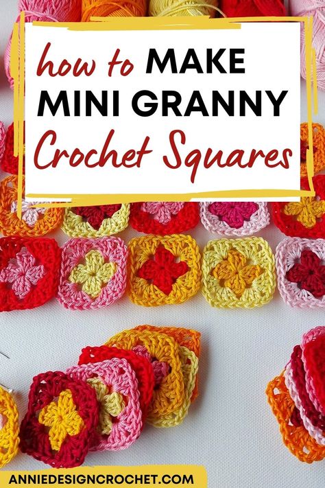 Crochet Mini Squares Pattern, Tiny Crochet Granny Squares, Crochet For Scrap Yarn, Embroidery Floss Crochet Granny Squares, Miniature Granny Square Pattern, Granys Crochet Squares Easy, Small Granny Square Tutorial, Cotton Granny Squares, Embroidery Floss Granny Square