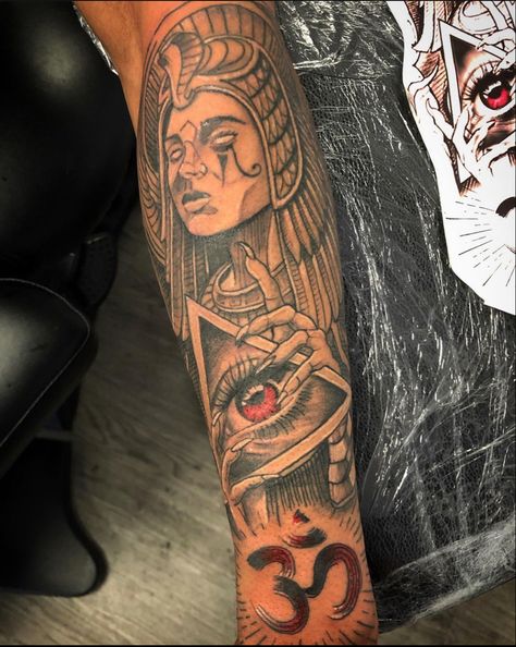 Cleopatra tattoo
All seeing eye 
Aum 
Egyptian tattoo Coverup Forearm Tattoos Men, Egyptian Tattoos Men, Egyptian Tattoo Forearm, Egyptian Art Tattoo For Men, Eye Of Horus Tattoo Men, 80s Inspired Tattoos, Egyptian Tattoo Designs Men, Tmc Tattoo, Ank Egyptian Tattoo Ideas