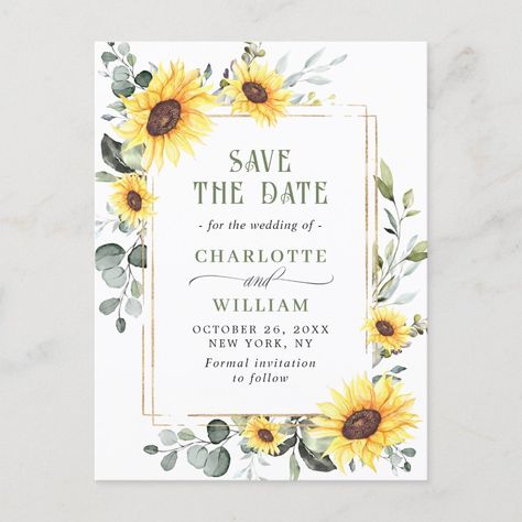 Elegant Sunflower Wedding Save the Date QR Code Postcard Sunflower Save The Date, Sunflowers Watercolor, Watercolor Sunflowers, Wedding Postcard, Foliage Wedding, Save The Date Postcard, Couples Shower Invitations, Watercolor Greenery, Save The Date Postcards