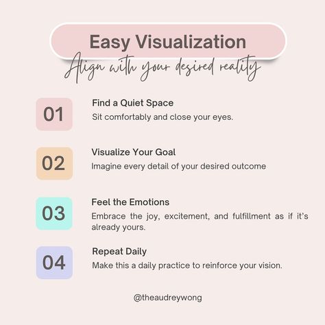 🪄 Visualization is a powerful tool for manifestation. Follow this easy visualization technique to help you align with your desired reality. ✨ Consistency is key. Do this daily for 3-10 minutes per day. 💡 What’s your favorite visualization technique? Share in the comments! ➡️ Follow @theaudreywong for more on healing your limiting beliefs & subconscious programming to more easily create your desired reality ✨ ➡️ Click on the link in my bio to subscribe to my Substack multimedia libra... Visualization Techniques Manifestation, Subconscious Programming, Desired Reality, Souls Journey, Consistency Is Key, Abundance Mindset, The Savior, High Vibes, Daily Practices