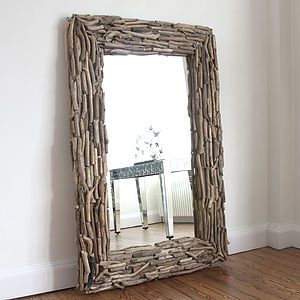 Bedroom Ideas Mirror, Large Wooden Mirror, Decor Mirror Wall, Diy Mirror Wall Decor, Upcycle Mirror, Driftwood Flooring, Feature Mirror, Diy Mirror Wall, Ceramic Mirror