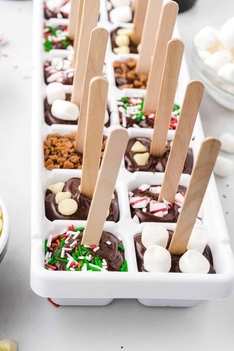 hot chocolate on a stick in ice cube tray Hot Chocolate On A Stick, Christmas Hot Chocolate Bar, Diy Hot Chocolate, Hot Chocolate Gifts, Christmas Homescreen, Chocolate Party, Christmas Food Gifts, Christmas Hot Chocolate, Christmas Candy Recipes