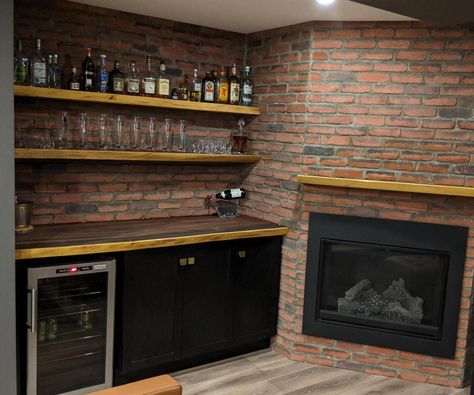 Live Edge Bar and Floating Shelves Live Edge Bar, Whiskey Lounge, Whiskey Room, Shelf Hanger, Basement Bar Designs, Liquor Bar, Bar Shelves, Diy Home Bar, Pub Design