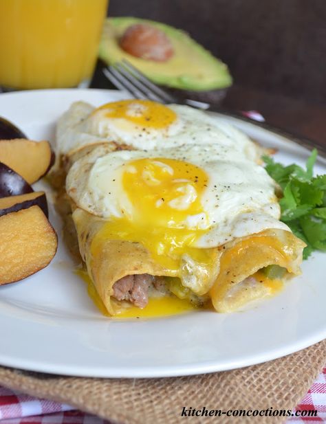 Creamy Green Chile Breakfast Enchiladas Brunch Enchiladas, Green Chile Breakfast, Mexican Breakfast Dishes, Breakfast Classic, Breakfast Enchiladas, Sausage Peppers, Mexican Breakfast Recipes, Mexican Breakfast, Fried Eggs