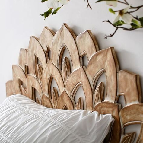 Wood Carved Faux Headboard #pbteen Wood Carved Headboard, Bed Headboard Wood, Moon Bed, Faux Headboard, White Wash Walls, Egyptian Decor, Boho Headboard, Headboard Wood, Women Bedroom