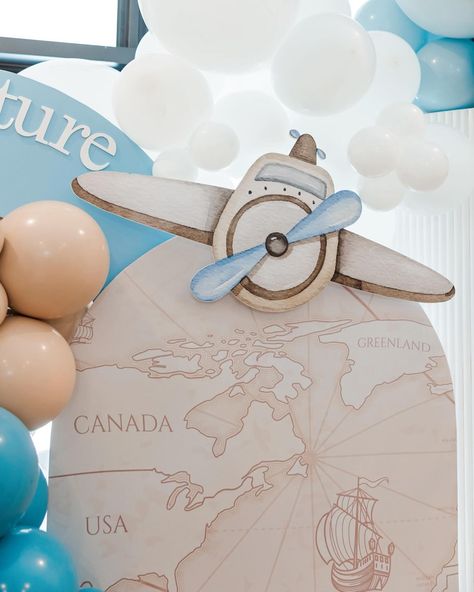 Our Greatest Adventure Baby Shower 🌎✈️🧳 Event Design and Styling + Florals by my client @brittanienglert Backdrop + Balloons + Sweet Cart + Backdrop Design @janettloveshop Dessert @sugarcoatit.bakery.llc #babyshower #ourgreatestadventure #ourgreatestadventurebabyshower #airplane #travelbabyshower #traveltheme #babyshowerbackdrop #adventureawaits Gender Reveal Airplane, Little Adventurer Baby Shower Theme, Airplane Theme Baby Shower Decor, Our Greatest Adventure Baby Shower Theme, Adventure Awaits Baby Shower Ideas, Greatest Adventure Baby Shower Theme, Adventure Baby Shower Theme, Airplane Baby Shower Theme, Vintage Airplane Baby Shower