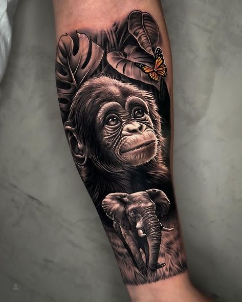 Crown Hand Tattoo, Realistic Elephant Tattoo, Inner Thigh Tattoos, Tiger Eyes Tattoo, Jungle Tattoo, Africa Tattoos, Animal Sleeve Tattoo, Gorilla Tattoo, Monkey Tattoos