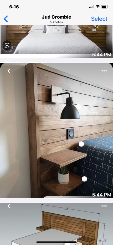 Built In Master Bed Headboard, Wood Headboard With Nightstand, Headboard With Nightstand Attached, Tall Headboard Bedroom Ideas, Wood Side Table Bedroom, Master Bed Headboard, Big Headboard, Wood Walls Living Room, Diy Wood Headboard