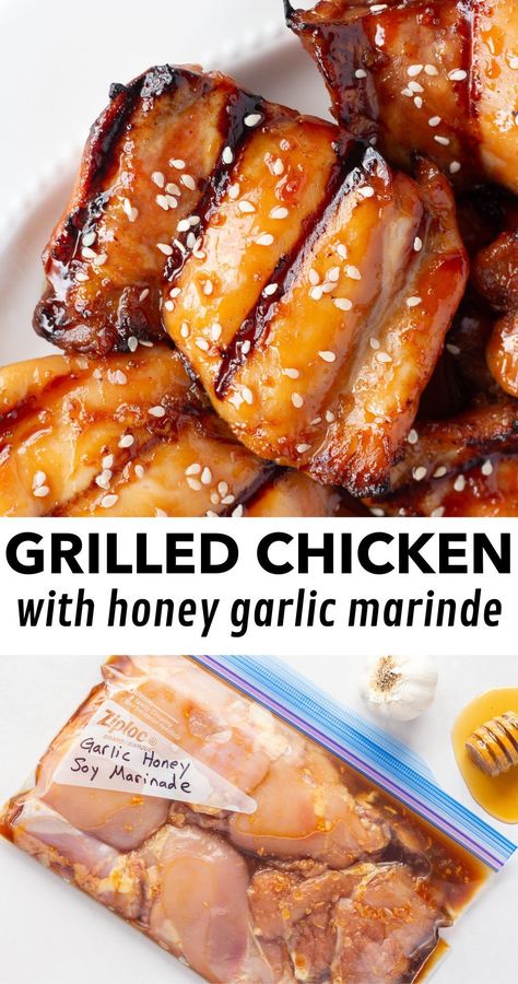 You have to try this marinated grilled honey garlic chicken! These tender boneless thighs are placed in an easy marinade of honey, soy sauce, & garlic, delivering a perfect balance of sweet and savory flavors. Shake a few sesame seeds on top then serve with your favorite sides for a meal any day of the week. Discover more simple marinade recipes at hotpankitchen.com! Asian Sesame Chicken Marinade, Simple Asian Chicken Marinade, Soy Marinade For Chicken, Honey Marinade, Fast Chicken Marinade, Chicken Tenderloin Marinade, Ginger Marinade, Honey Garlic Teriyaki Chicken, Quick Marinade For Chicken