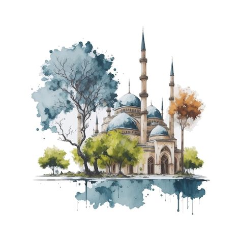 Islamic Art Watercolor Paintings, Mosque Watercolor Paintings, Eid Mubarak Drawing, Eid Drawing, Mosque Drawing, Blue Decorations, Interior Design History, Watercolor Vector, Mosque Art