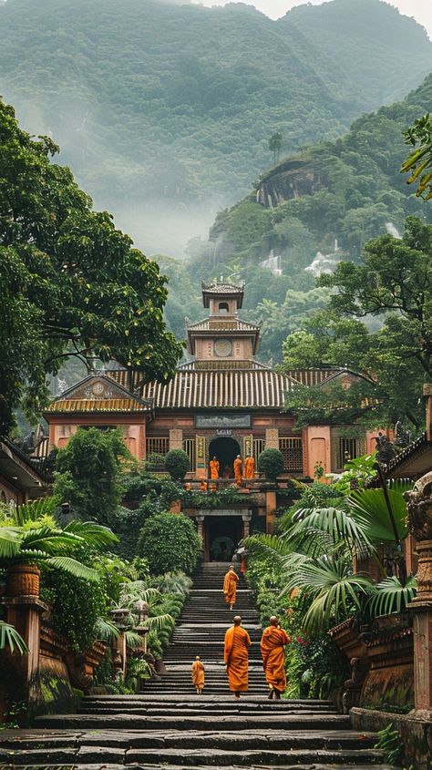 "Monks Ascending Stairs: #Buddhist monks in #orange robes #walking up the stone stairs towards a traditional #zen temple in misty #mountains. #photography #artwork ⬇️ Download and 📝 Prompt 👉 https://stockcake.com/i/monks-ascending-stairs_412392_406352". Monk Meditation, Zen Temple, Buddhist Monks, Angkor Wat Temple, Misty Mountains, Stone Stairs, Farm Dogs, Stone Pathway, Mountains Photography