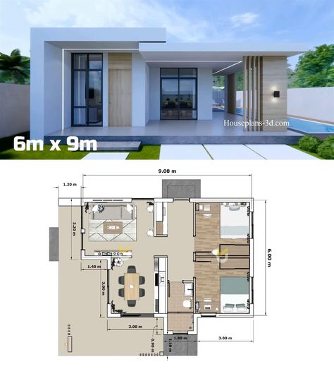 Modern Villa 1 Floor, House For Single Person, 6x9 House Plan, House Parapet Wall Design, Small Modern Home Design, Small Modern House Design, Modern Bungalow House Plans, Small House Blueprints, Bungalow Style House Plans