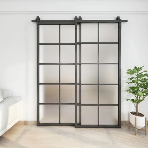 JUBEST Glass Barn Bypass Door with Installation 6.6FT Hardware Kit | Wayfair Metal Frame Door, Frosted Glass Barn Door, Sliding Mirror Closet Doors, Mirror Barn Door, Space Saving Doors, Bypass Barn Door Hardware, Glass Sliding Door, Double Sliding Barn Doors, Bypass Barn Door