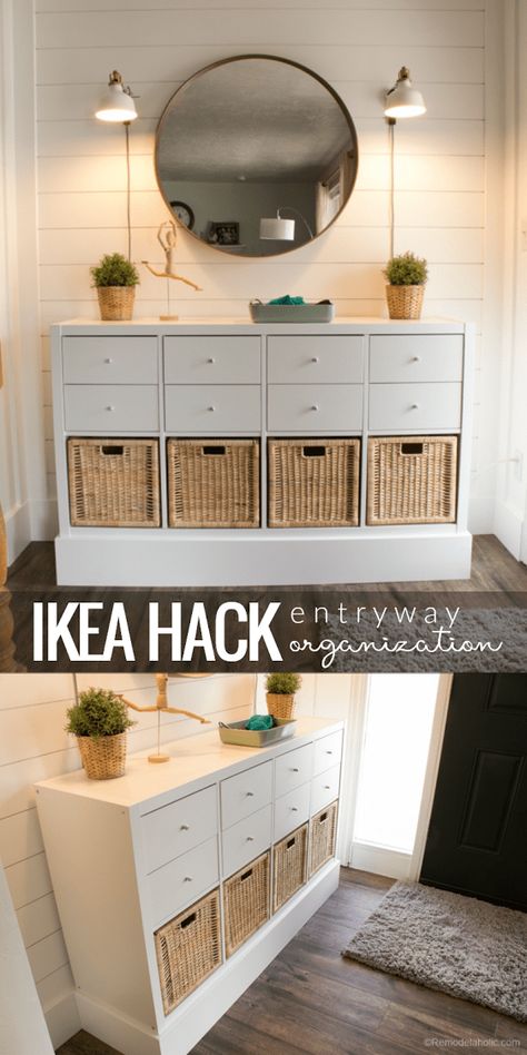 Using Ikea Kallax Shelf To Organize Your Entry Beautifully Ikea Kallax Shelf, Kallax Shelf, Ikea Hack Ideas, Ikea Kallax, Ikea Furniture Hacks, Interior Vintage, Diy Ikea Hacks, Kallax Ikea, Entryway Storage