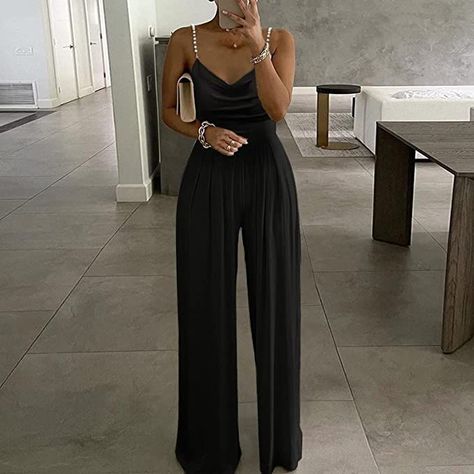 Affordable Amazon Finds. Black Jumpsuit Moda Casual Chic, Casual Elegant Style, Party Rompers, Jumpsuit Casual, Wide Leg Romper, Loose Jumpsuit, Printed Tunic Tops, Printed Sleeveless Top, Casual Jumpsuit