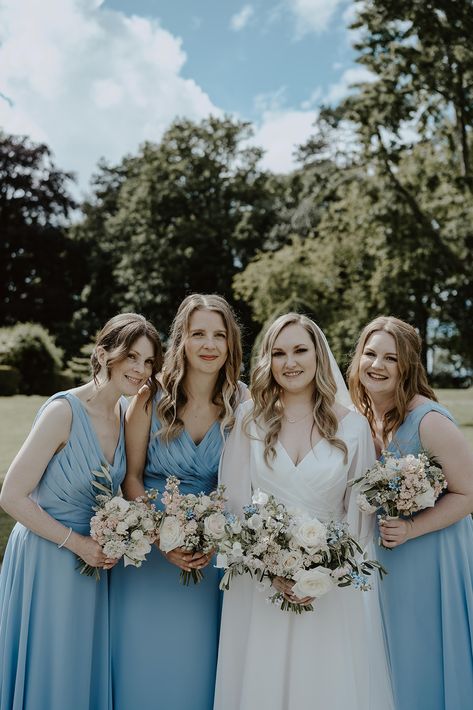 Bride and bridesmaids with pale blue dresses and blush and pale blue natural style wedding bouquets Tortworth Court, Whimsical Wedding Flowers, Whimsical Bouquet, Wedding Peony, Natural Wedding Flowers, Pale Blue Wedding, Bristol Wedding, Wedding Flower Design, Romantic Wedding Flowers