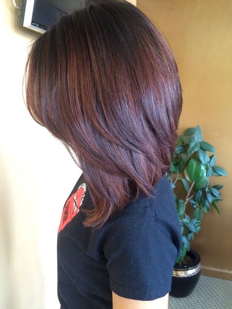 Dark root color melted into a red brown | hair colors | Pinterest ... Hi Lo Haircut Women, Long Bob Hairstyles For Thick Hair Bangs, Long Layered Bob Hairstyles Mid Length Face Framing, Reverse Lob Haircut, Low Maintance Haircut, Haircuts For Wavy Thick Hair, Pretty Haircut, Bob Lung, Bob Hair Color