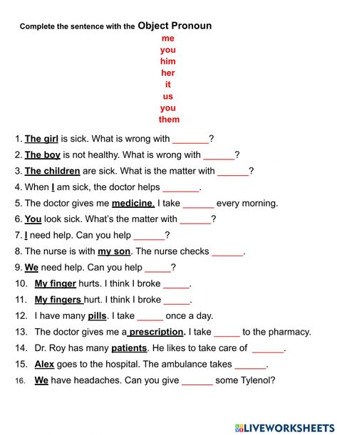 Object Pronouns interactive exercise for 8. You can do the exercises online or download the worksheet as pdf. Object Pronouns Worksheets For Kids, Subject And Object Pronouns Worksheets, Object Pronouns Worksheets, Pronouns Activity, Pronouns Esl, Pronouns Exercises, Personal Pronouns Worksheets, English Pronouns, Pronoun Activities