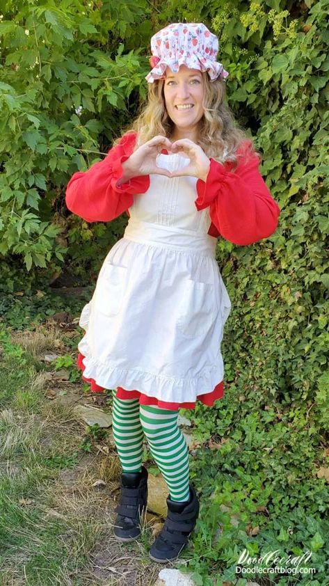 Strawberry Shortcake Costume DIY! Strawberry Shortcake Cosplay Ideas, Diy Strawberry Shortcake Costume Women, Strawberry Shortcake Characters Costumes Halloween Diy, Diy Strawberry Shortcake Costume, Costume Strawberry Shortcake, Diy Strawberry Shortcake, Strawberry Shortcake Women’s Costume, Ghostbusters Jumpsuit, Strawberry Shortcake Halloween Costume