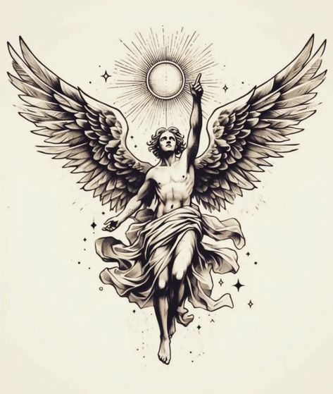 Protective Angel Tattoo, Arkangel Micheal Tattoo, Angelic Tattoos Men, Angel Neck Tattoo For Men, Greek Chest Tattoo, Archangel Gabriel Tattoo, Male Angel Tattoo, Arch Angel Tattoo, Crossroads Tattoo