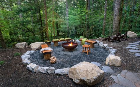 Rhododendron Landscape Tennessee Backyard Ideas, Wooded Backyard Landscape, Rustic Fire Pit, Natural Fire Pit, Outdoor Fire Pit Seating, Outdoor Fire Pit Area, Outside Fire Pits, Rustic Fire Pits, Fire Pit Ideas