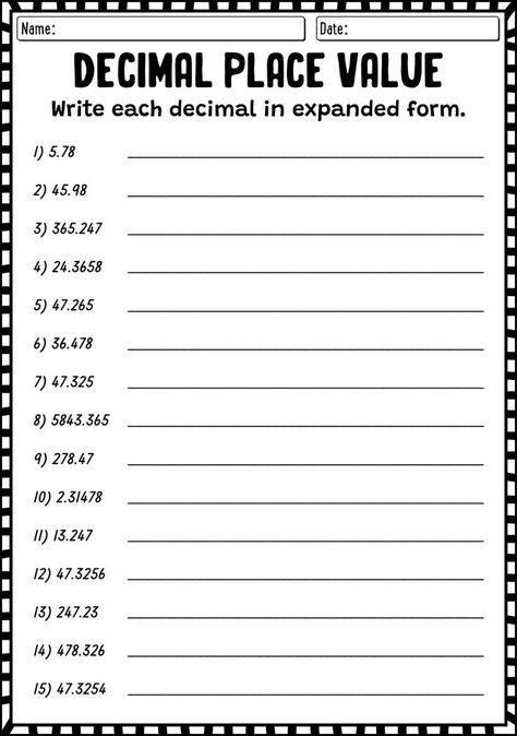 Improve your understanding of decimal place value with these comprehensive expanded form worksheets. Strengthen your math skills and grasp the concept of decimal values effortlessly. Start practicing now and elevate your confidence in handling decimal place value. #mathworksheets #placvalue #expandedform #decimalplacevalue Decimal Place Value Worksheet, Decimal Worksheets 5th Grades, Decimal Numbers Worksheet, Place Value Expanded Form, Expanded Form Worksheets, Decimal Place Value, Decimal Numbers, Place Value With Decimals, Math Decimals