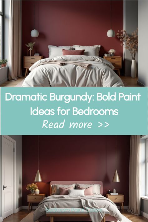 Deep burgundy accent wall in bedroom with light gray walls and wooden furniture Red Wall Painting Ideas Bedroom, Burgundy Accent Wall Bedroom, Burgundy Walls Bedroom, Burgundy Bedroom Walls, Burgundy Bedroom Decor, Burgundy Bedroom Ideas, Neutral Bedroom Paint, Burgundy Bedroom, Maroon Walls