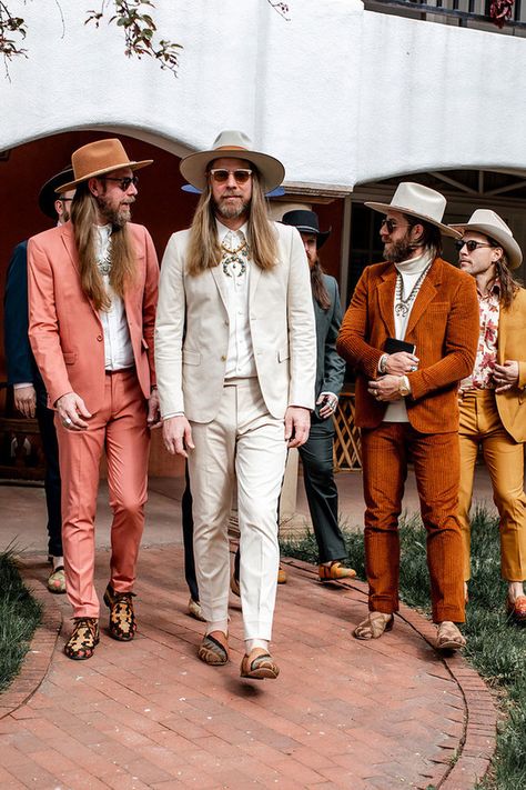 Grooms Boho Wedding Attire, Hipster Cowboy Wedding, Boho Chic Mens Fashion, Bohemian Wedding Groomsmen, Boho Wedding Groom Outfit, 70s Wedding Outfit Men, Colourful Groomsmen Attire, Interesting Groom Attire, Boho Chic Wedding Outfit Guest Men