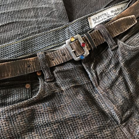 Kapital Disco Buckle Belt. (made in japan, kountry, blue hands, indigo, century denim, indigo, sashiko) Kapital Century Denim, Kapital Clothing Japan, Kapital Kountry, Kapital Denim, Pancho And Lefty, Street Style Outfits Men, Stylish Mens Outfits, Vintage Belts, Buckle Belt