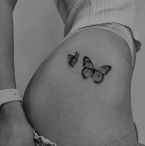 Side Hip Tattoos Butterfly, Butterfly Tattoo On Buttcheek, Butterfly Tattoo Hip For Women, Butterfly Tattoo Buttcheek, Butterfly Tattoo On Buttocks, Butterfly Buttcheek Tattoo, Butterfly Tattoo Hip, Butterfly Tattoo Thigh, Butterfly Hip Tattoo