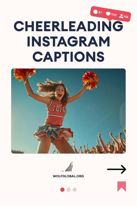 Joyful cheerleader jumps with pom-poms, Instagram interface elements, and "CHEERLEADING INSTAGRAM CAPTIONS" text above.
Inspirational cheerleading-themed checklist with colorful emojis and a "Get 100+ more" button.
Young woman on laptop with social media engagement icons and promotional text for WOLFGLOBAL.ORG. Cheer Social Media Ideas, Cheer Instagram Captions, Cheer Captions, Cheer Vibes, Kids Cheerleading, Cheer Nationals, Basket Toss, Cheerleading Quotes, Cheerleading Stunt