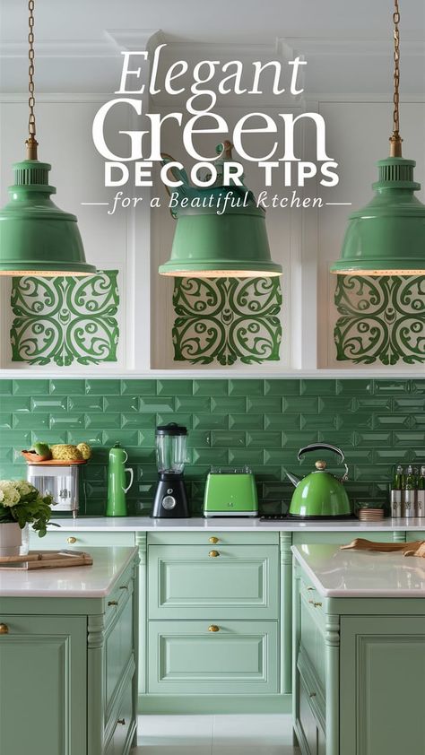 Sophisticated Green Décor Tips for a Stunning Kitchen   See how elegant green décor can transform your kitchen into a stunning space. Click for top tips on achieving this look! 🌿🥂 #ElegantLiving #HomeStyle Olive Green Kitchen, Dark Green Kitchen, Wooden Countertops, Green Cabinets, Elegant Living, Stunning Kitchens, Green Home Decor, Stylish Kitchen, Green Decor