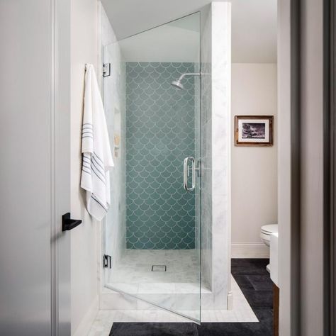 Small Bathroom With Blue Tiled Walk-In Shower Alcove Shower Ideas Small Bathrooms, Small Shower No Door, Small Stall Shower Ideas, Small Shower Stall Remodel, Alcove Shower Ideas, Glass Shower Door Ideas, Small Shower Stalls, Kid Friendly Bathroom, Small Bathroom Solutions