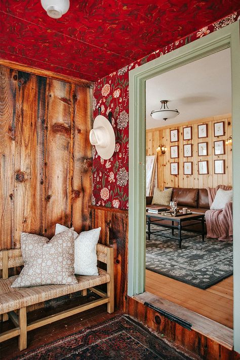 Red Mudroom, Plaid Backsplash, Colorful Airbnb, Cabin Mudroom, California Cabin, Swedish Folklore, Farmhouse Reno, Red Apartment, Claire Thomas